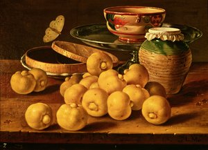 Still life with quinces, a silver fruit dish, bowls, a box for sweets and a butterfly